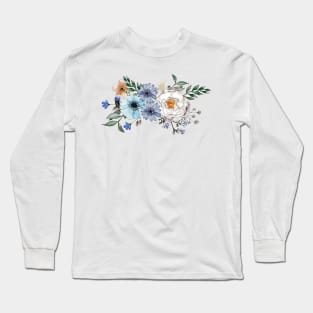 Blue Peonies Floral Watercolor Pretty Fresh Bouquet Long Sleeve T-Shirt